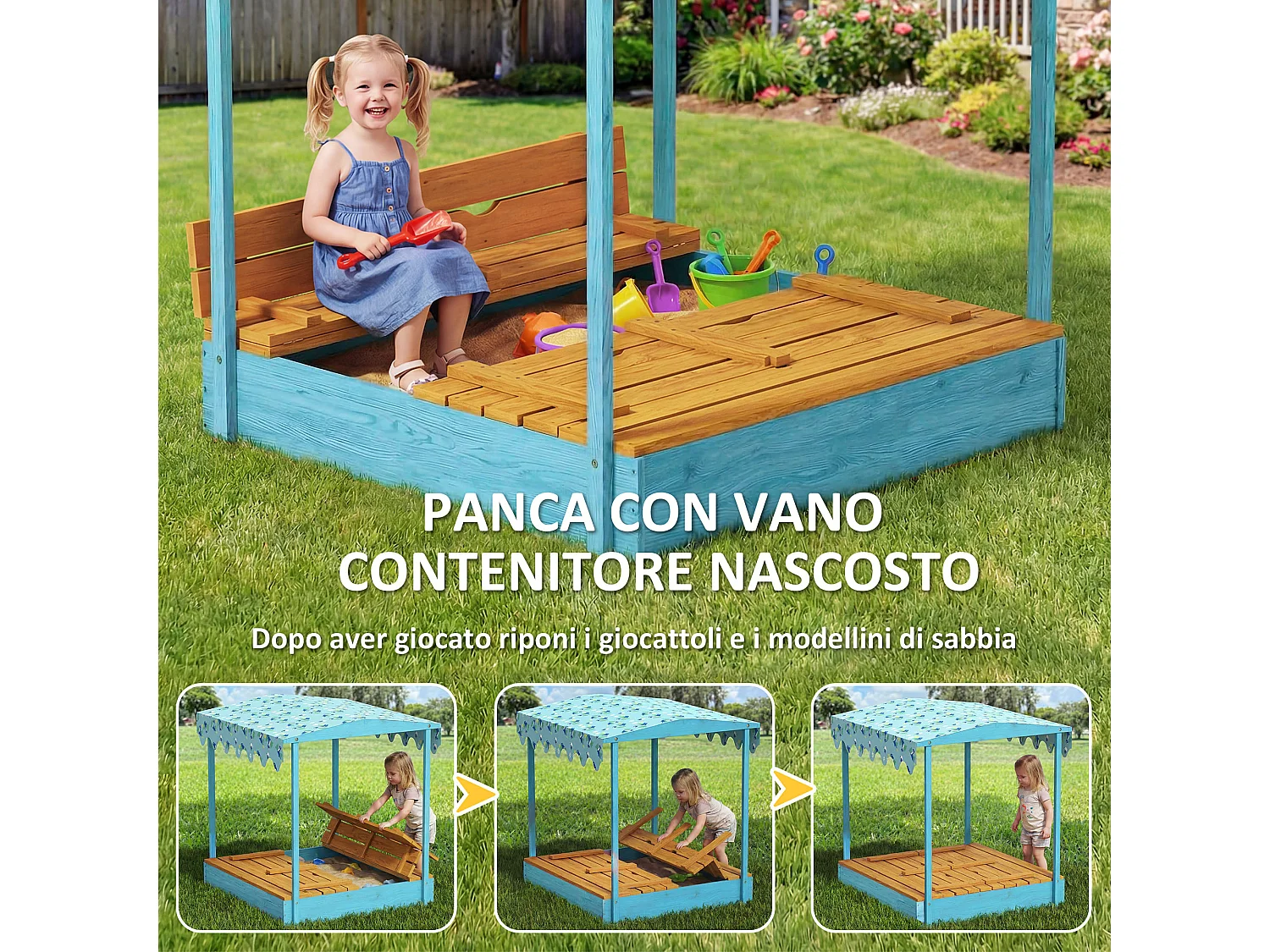 Sabbiera per bambini con tettuccio e sedute in legno di abete blu
