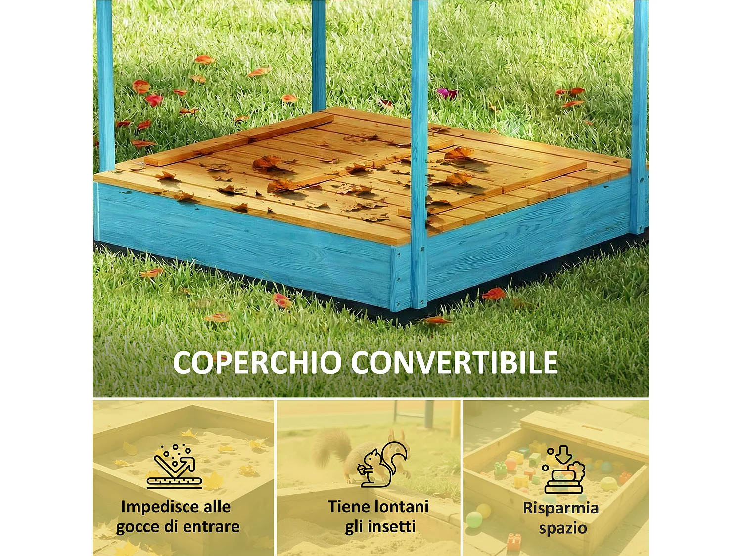 Sabbiera per bambini con tettuccio e sedute in legno di abete blu