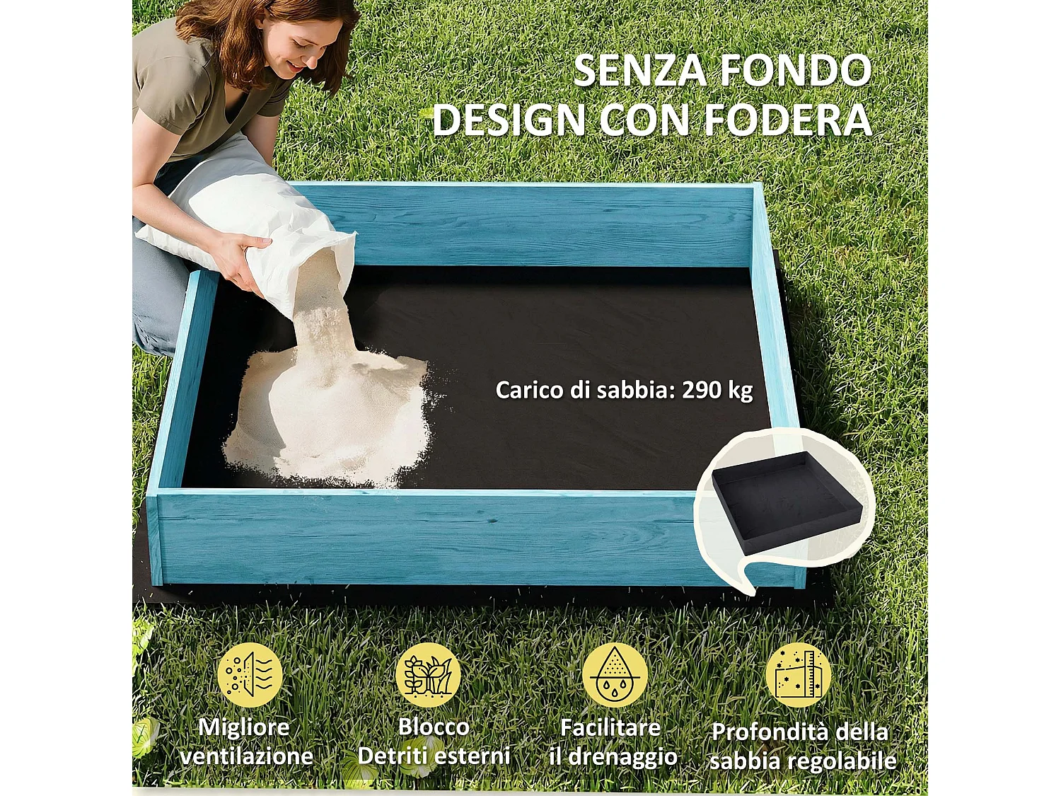 Sabbiera per bambini con tettuccio e sedute in legno di abete blu