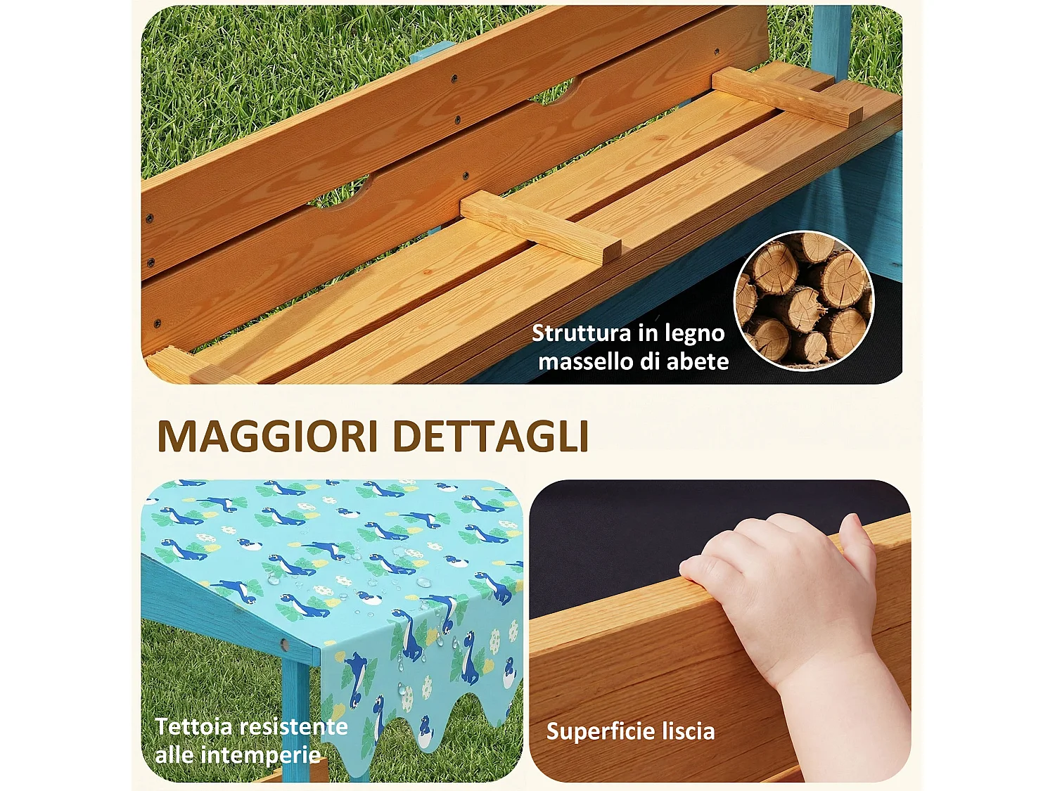 Sabbiera per bambini con tettuccio e sedute in legno di abete blu