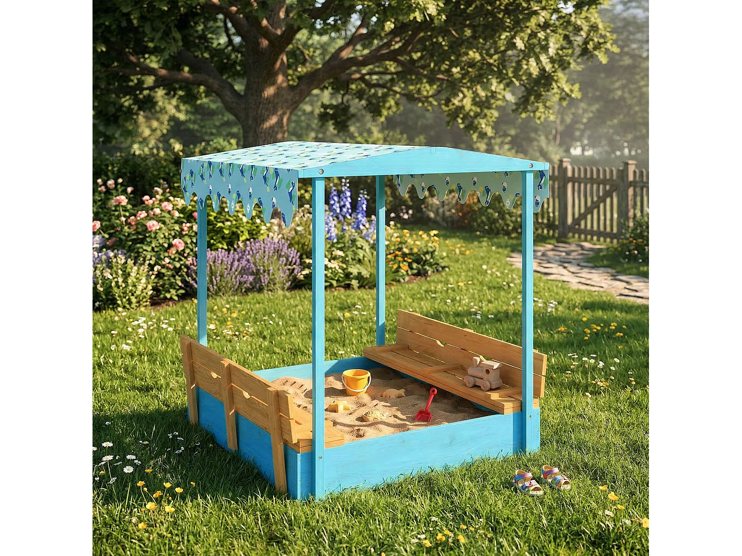 Sabbiera per bambini con tettuccio e sedute in legno di abete blu