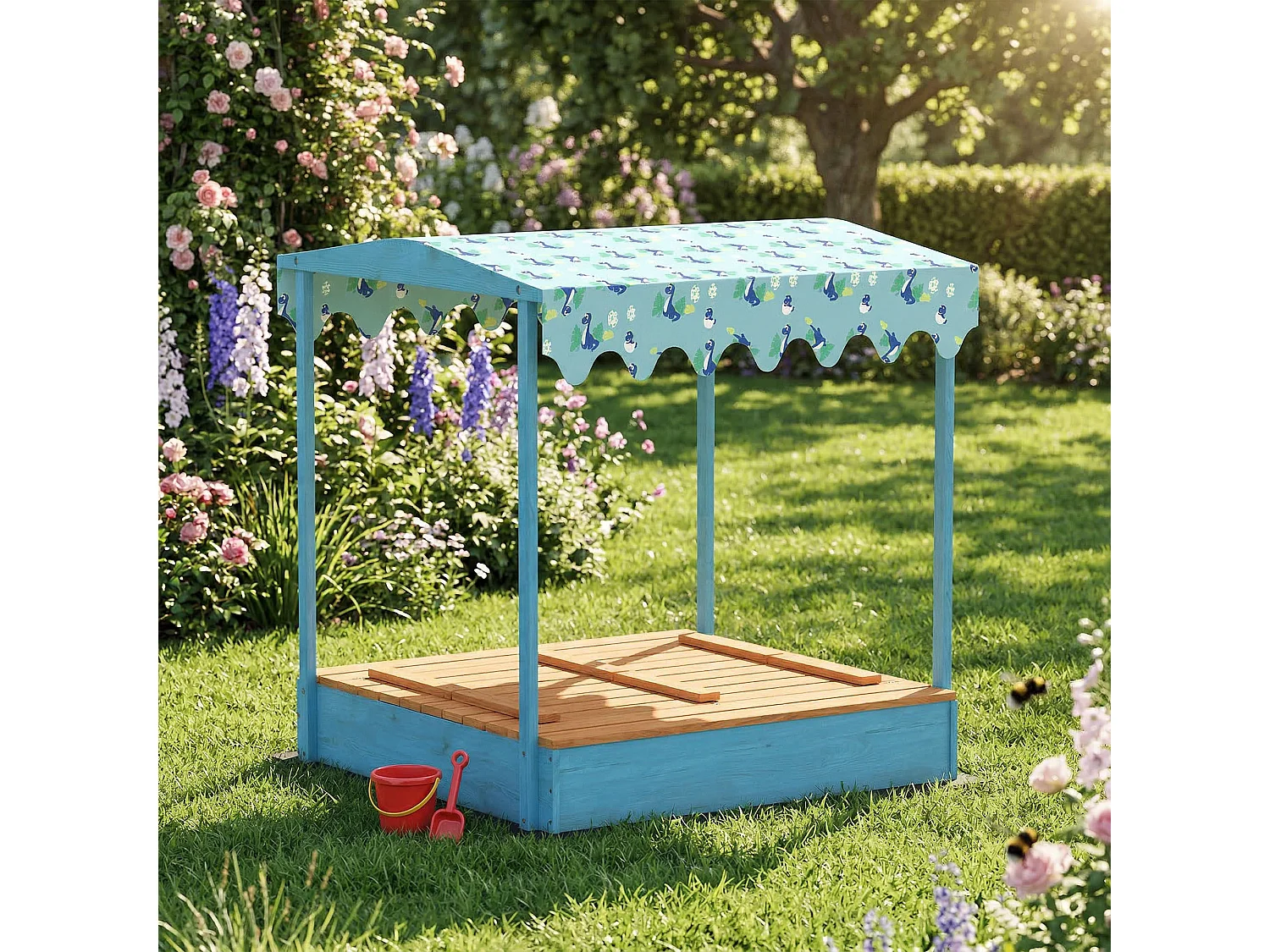 Sabbiera per bambini con tettuccio e sedute in legno di abete blu