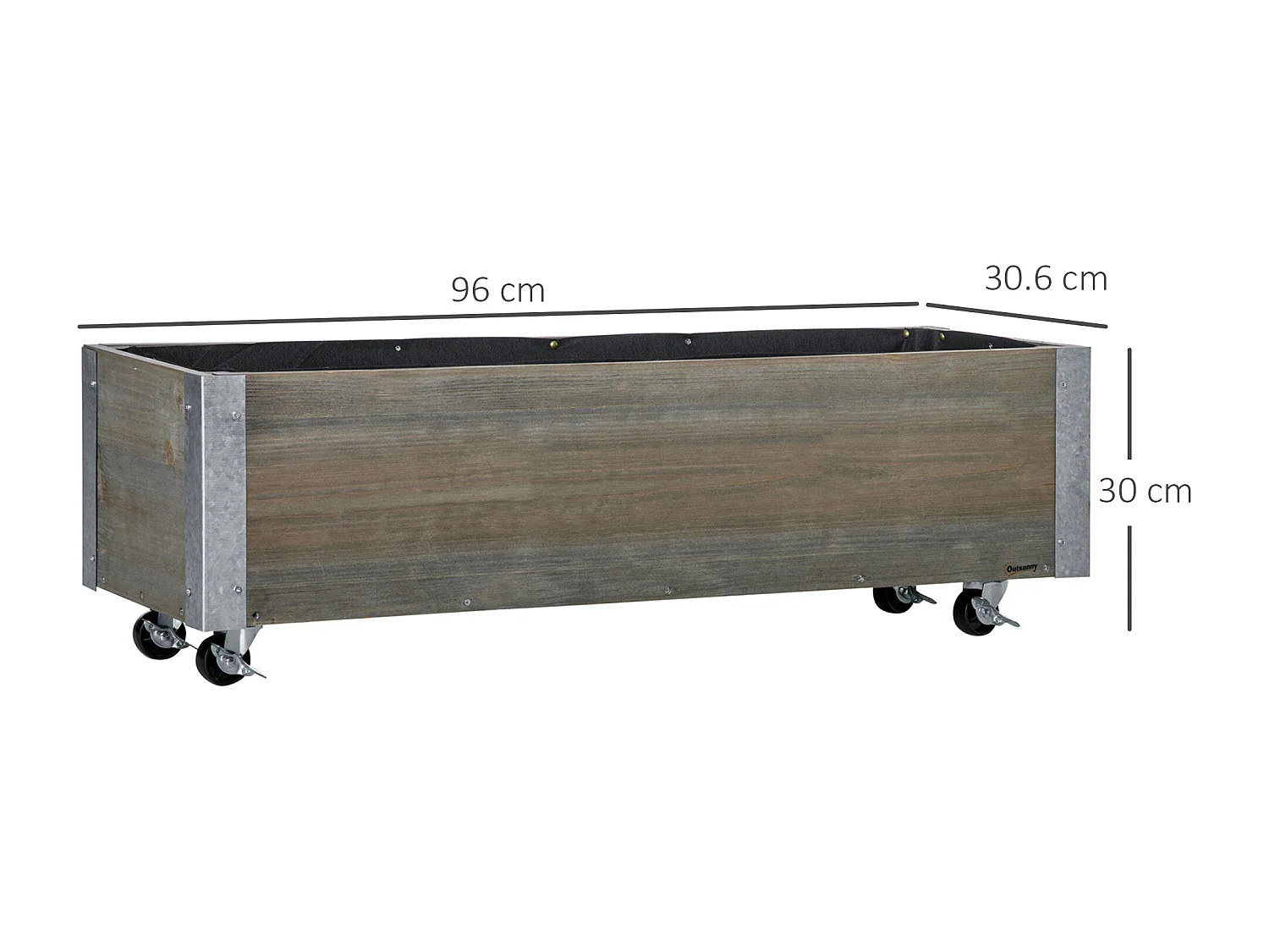 Fioriera rettangolare con ruote e freno 96x30.6x30 cm in legno grigio