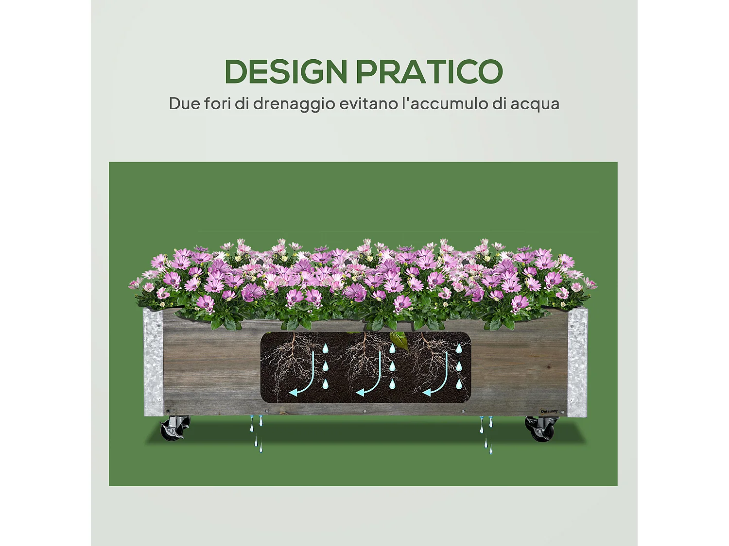 Fioriera rettangolare con ruote e freno 96x30.6x30 cm in legno grigio