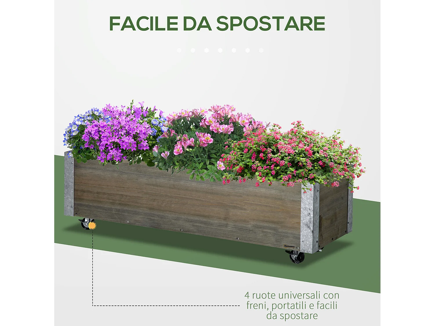 Fioriera rettangolare con ruote e freno 96x30.6x30 cm in legno grigio