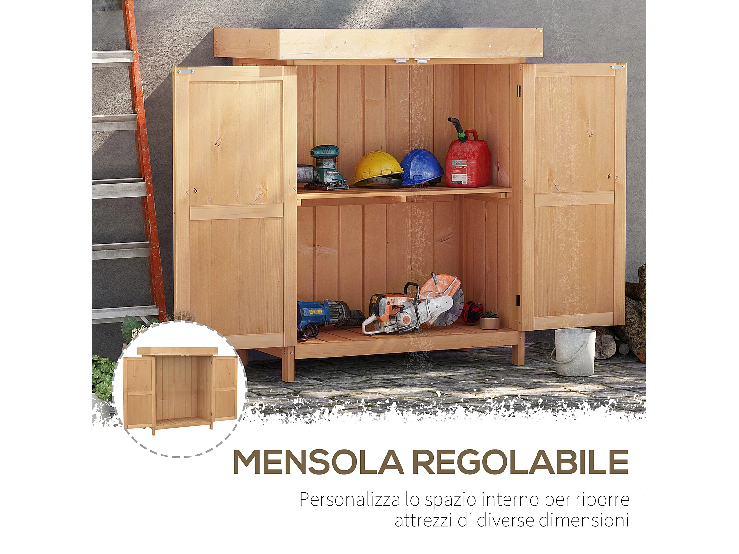 Armadio da esterno a 2 ripiani con anta e tetto apribile in legno
