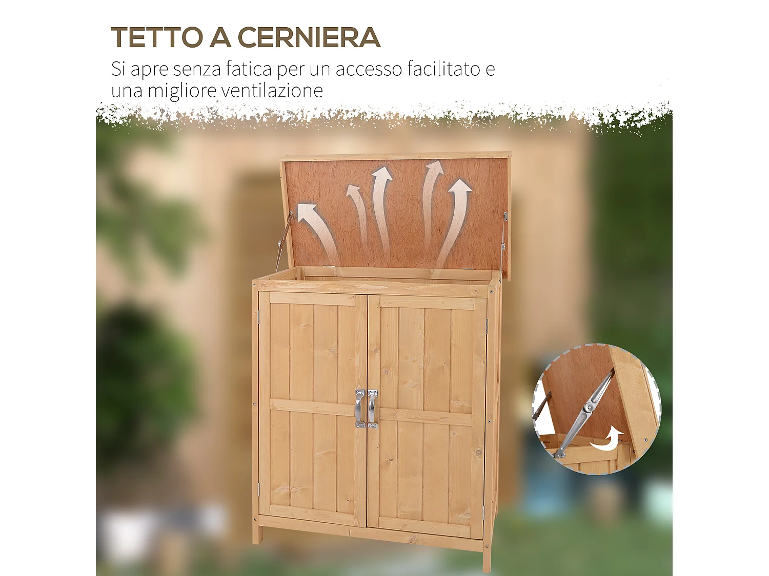 Armadio da esterno a 2 ripiani con anta e tetto apribile in legno