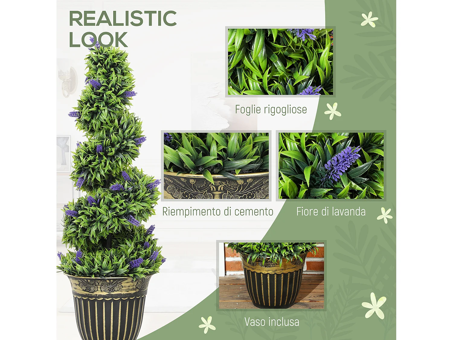 Set 2 piante artificiali di bosso a spirale con lavanda Ø28x90cm verde