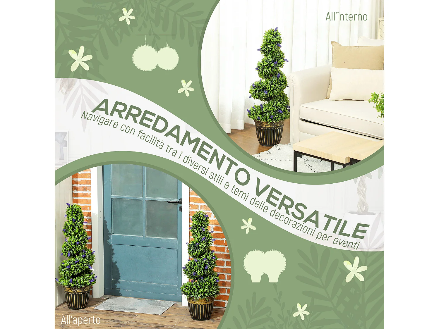 Set 2 piante artificiali di bosso a spirale con lavanda Ø28x90cm verde