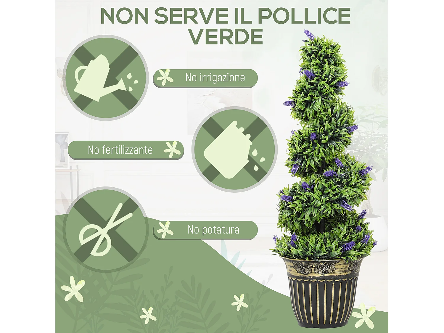 Set 2 piante artificiali di bosso a spirale con lavanda Ø28x90cm verde