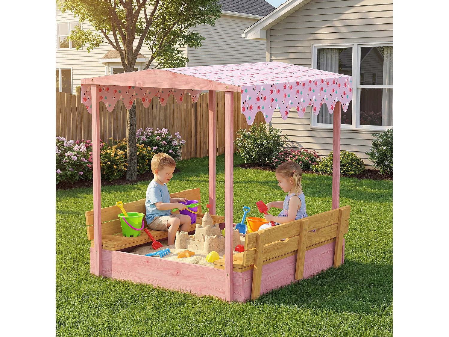 Sabbiera per bambini con tetto e sedili legno rosa