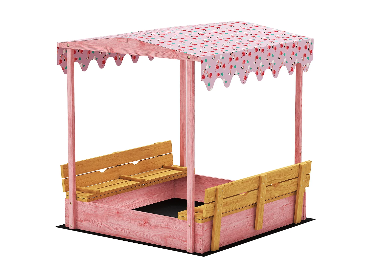 Sabbiera per bambini con tetto e sedili legno rosa