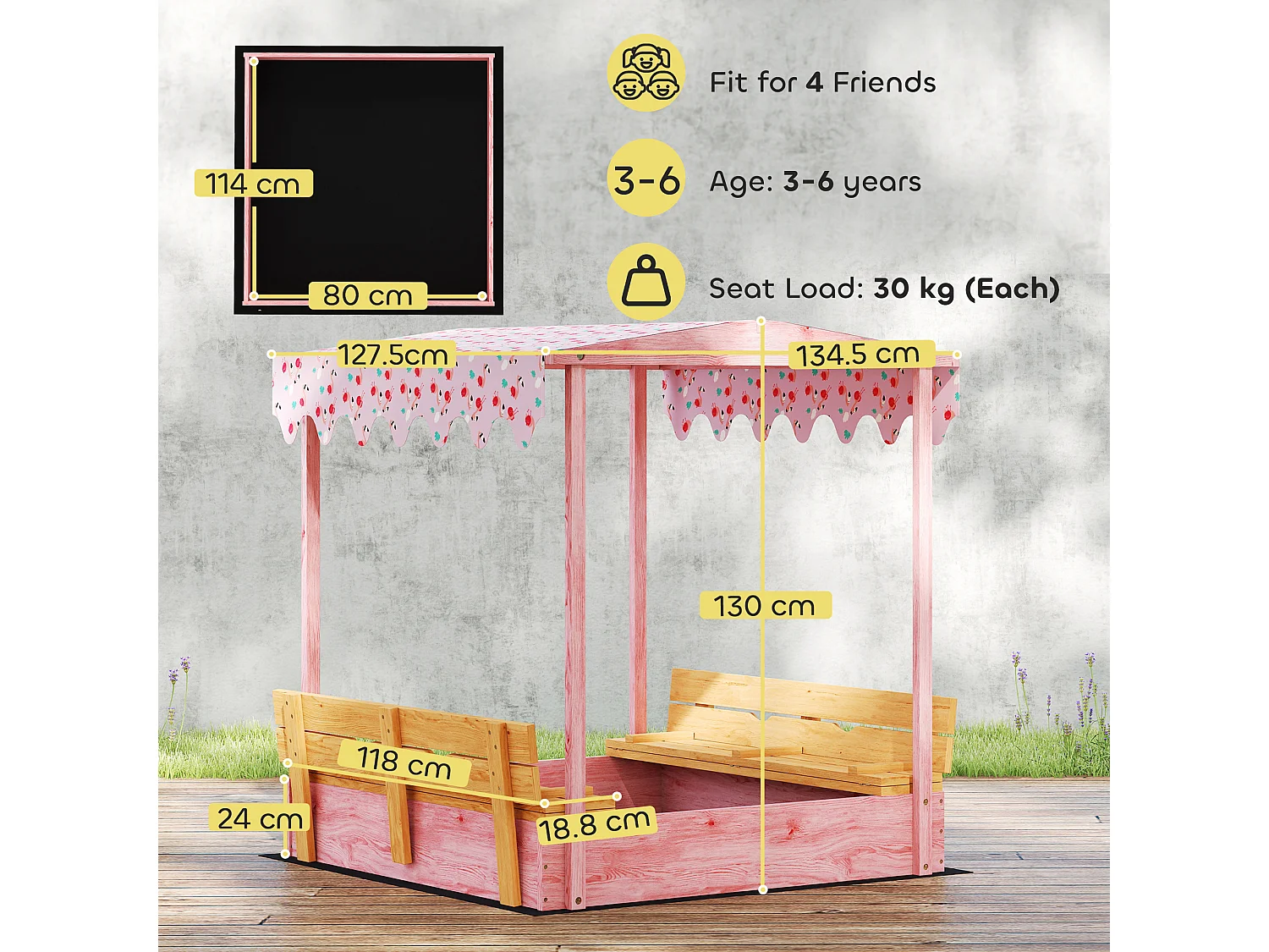 Sabbiera per bambini con tetto e sedili legno rosa
