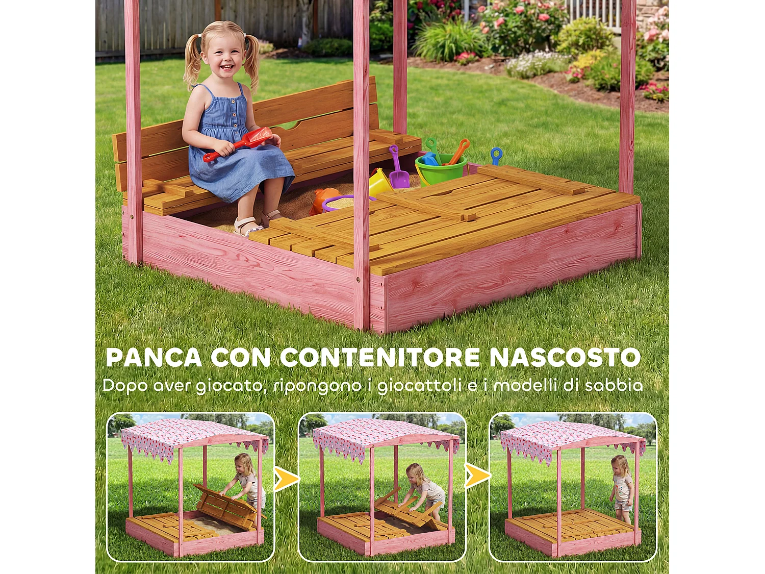 Sabbiera per bambini con tetto e sedili legno rosa