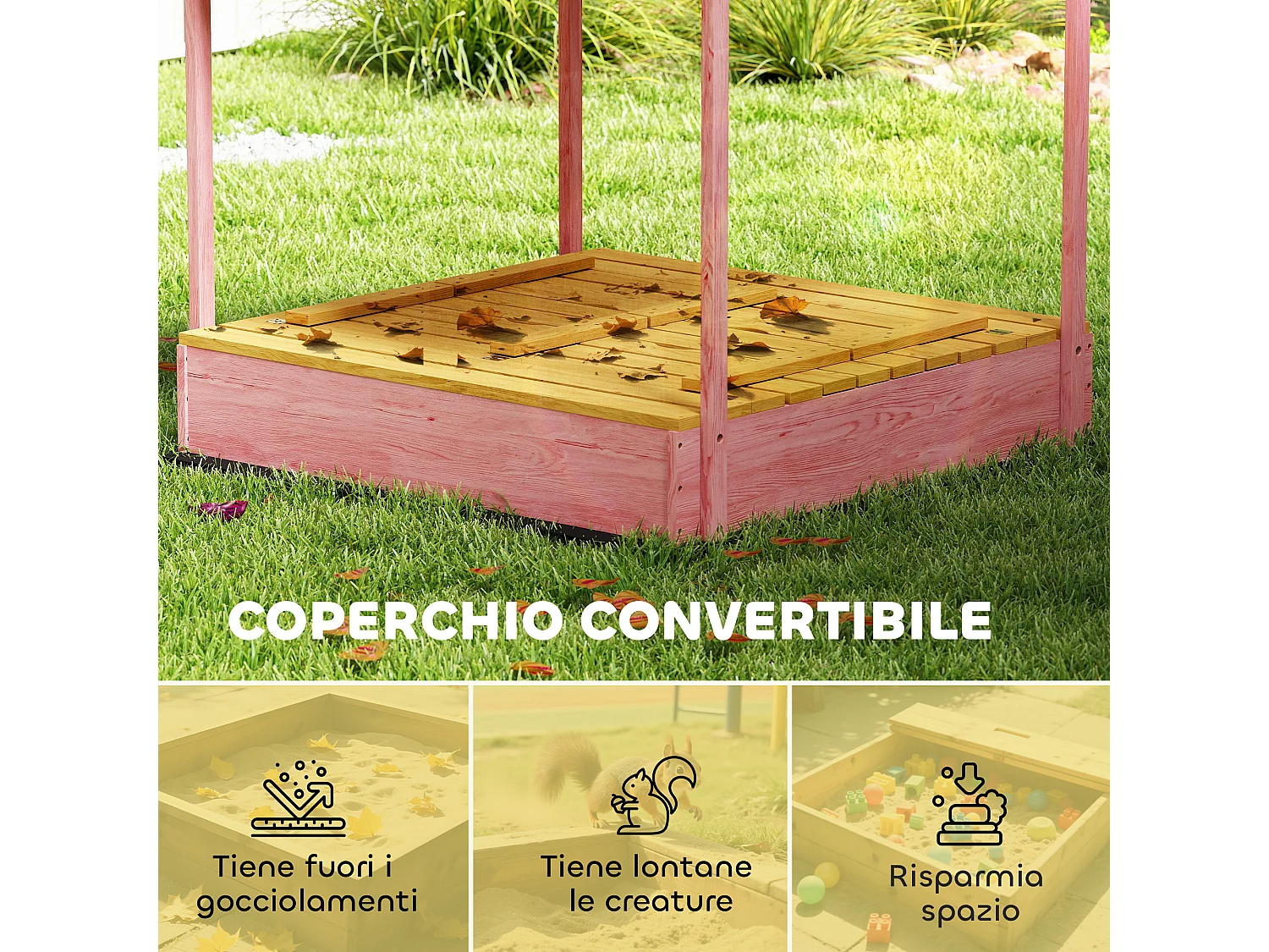 Sabbiera per bambini con tetto e sedili legno rosa