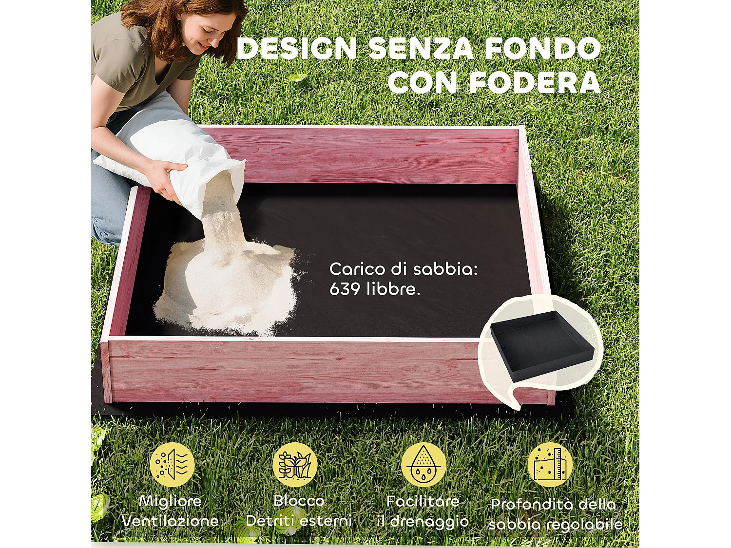 Sabbiera per bambini con tetto e sedili legno rosa