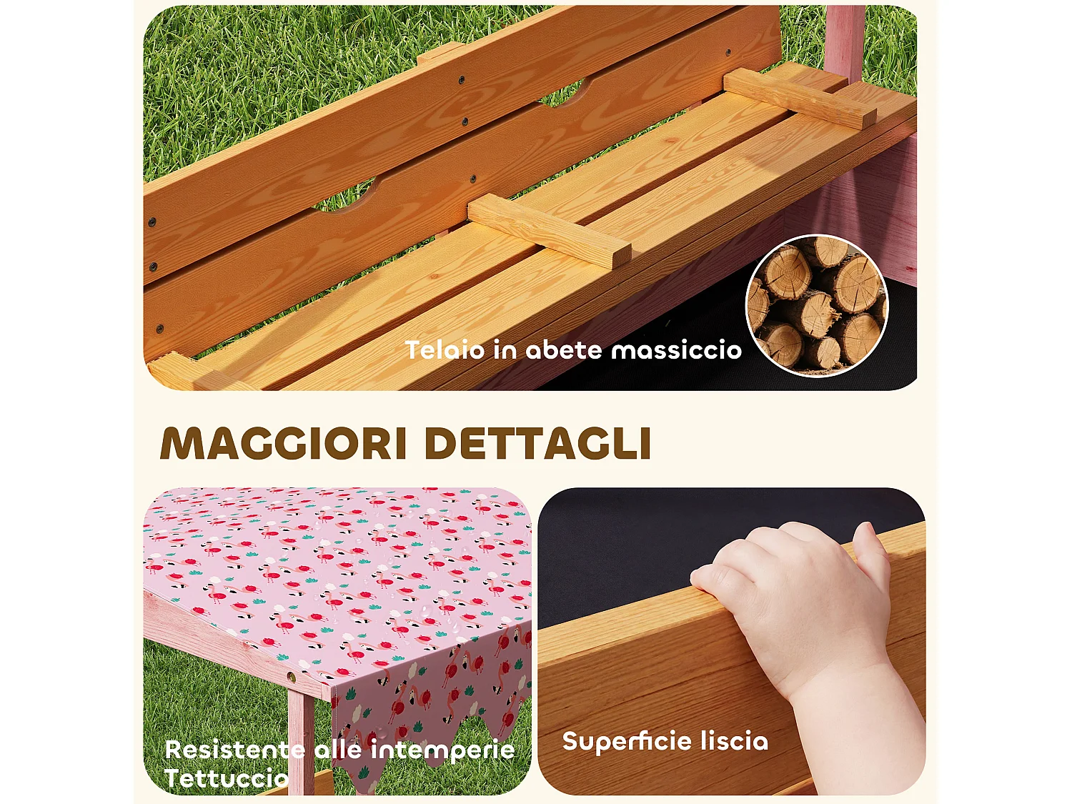 Sabbiera per bambini con tetto e sedili legno rosa