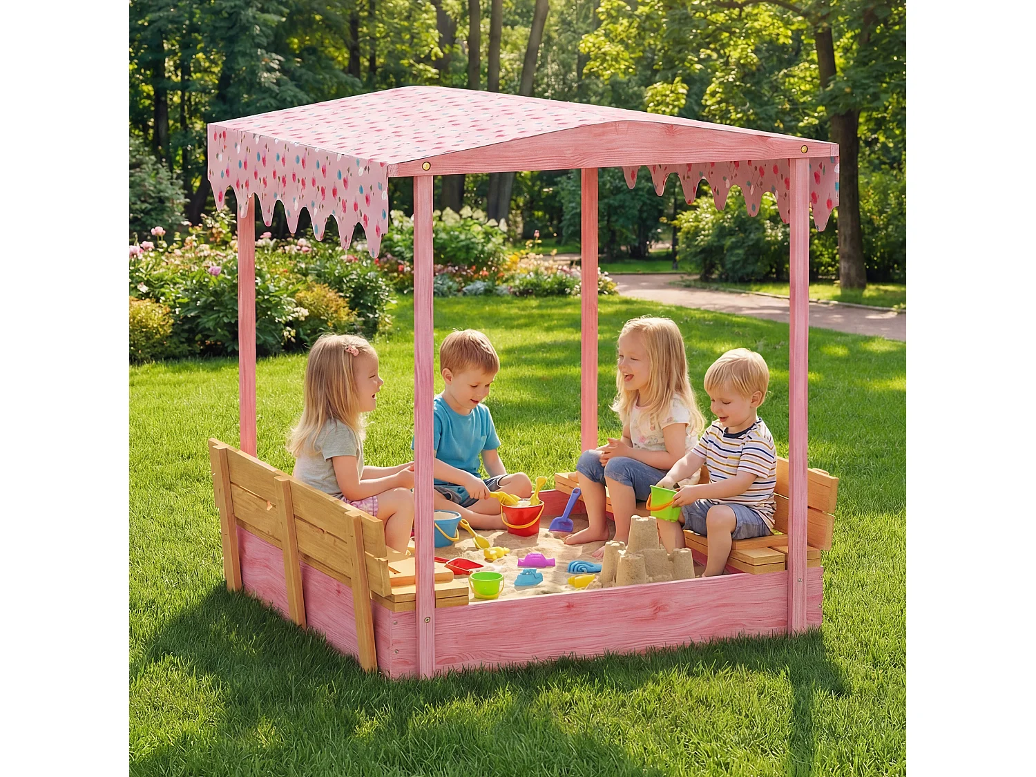 Sabbiera per bambini con tetto e sedili legno rosa