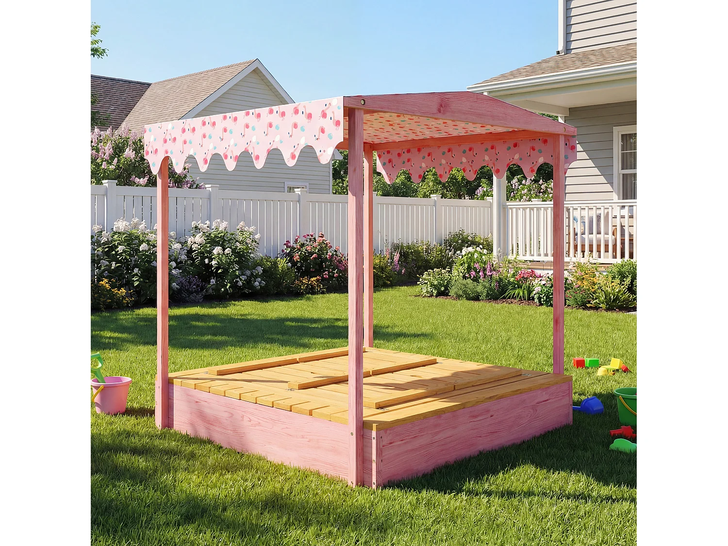 Sabbiera per bambini con tetto e sedili legno rosa