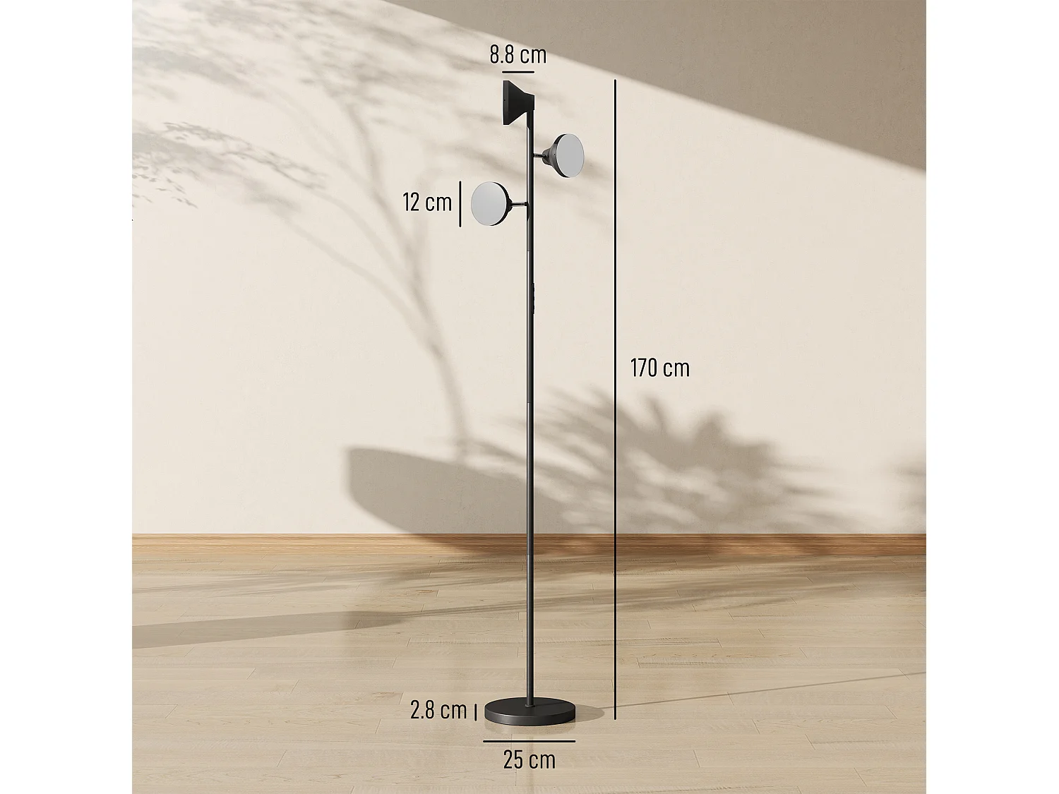 Lampada da terra con 3 teste regolabili indipendenti Ø25x170 cm nero