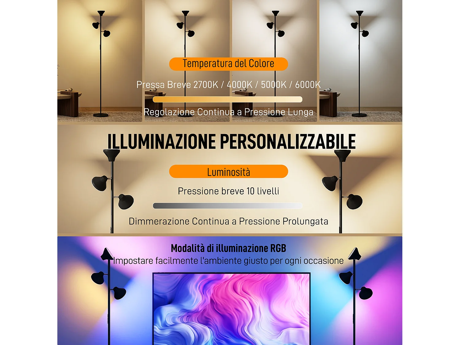 Lampada da terra con 3 teste regolabili indipendenti Ø25x170 cm nero