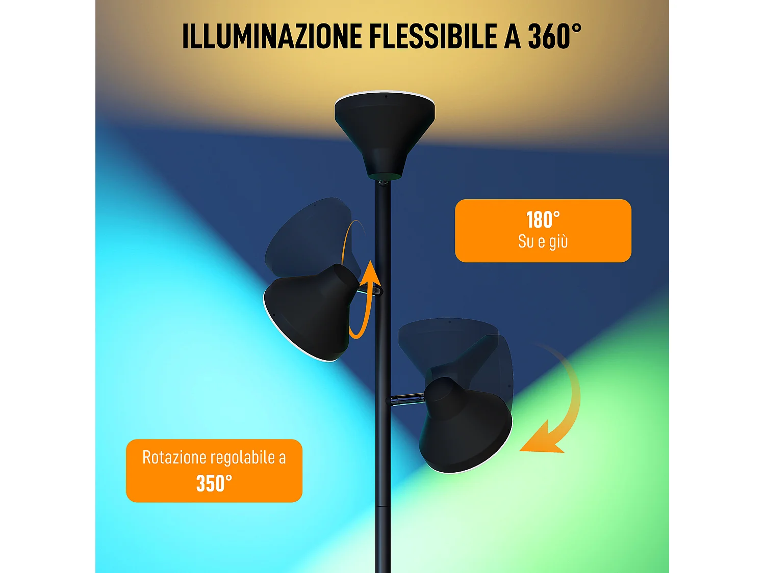 Lampada da terra con 3 teste regolabili indipendenti Ø25x170 cm nero