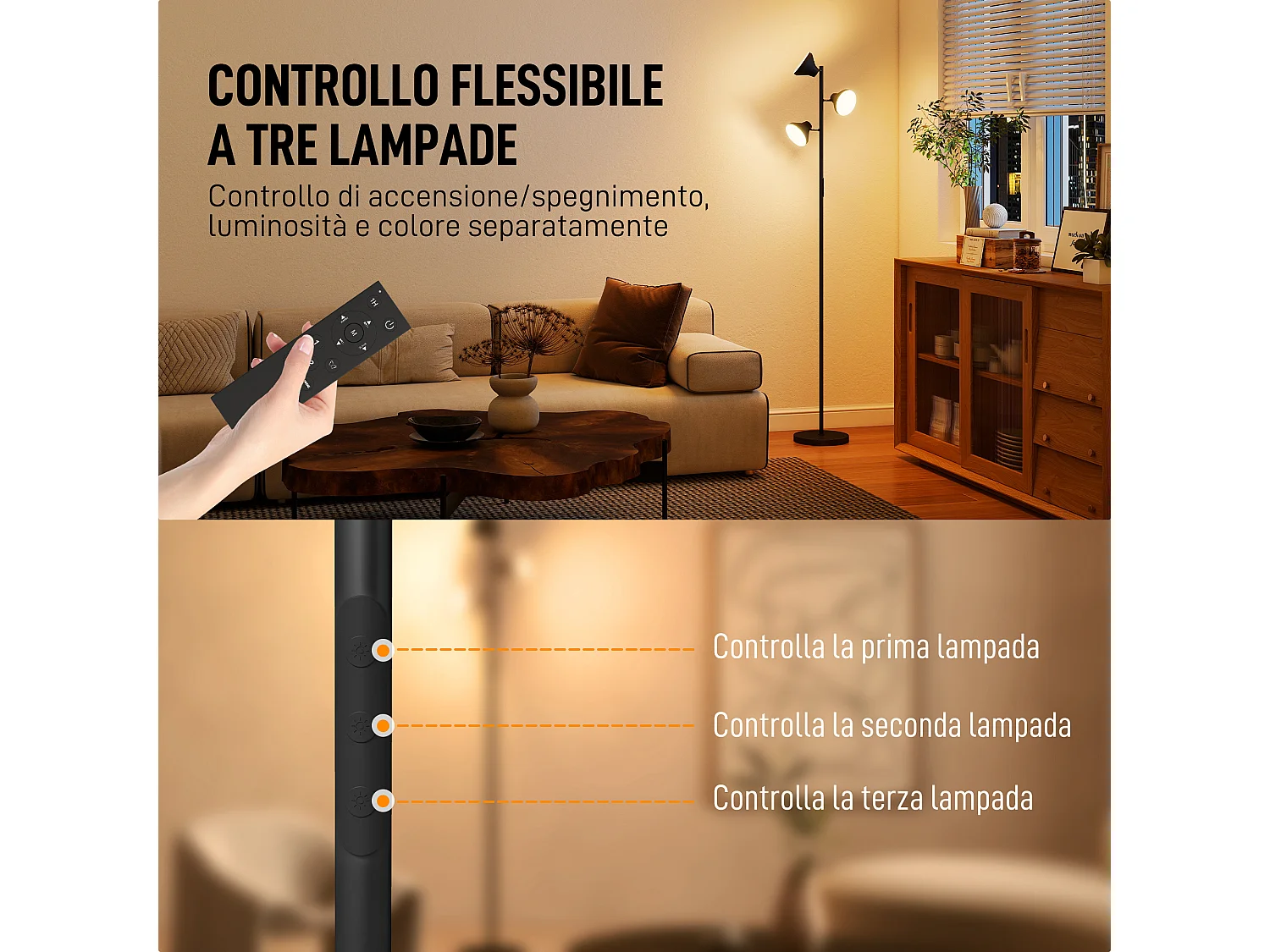 Lampada da terra con 3 teste regolabili indipendenti Ø25x170 cm nero