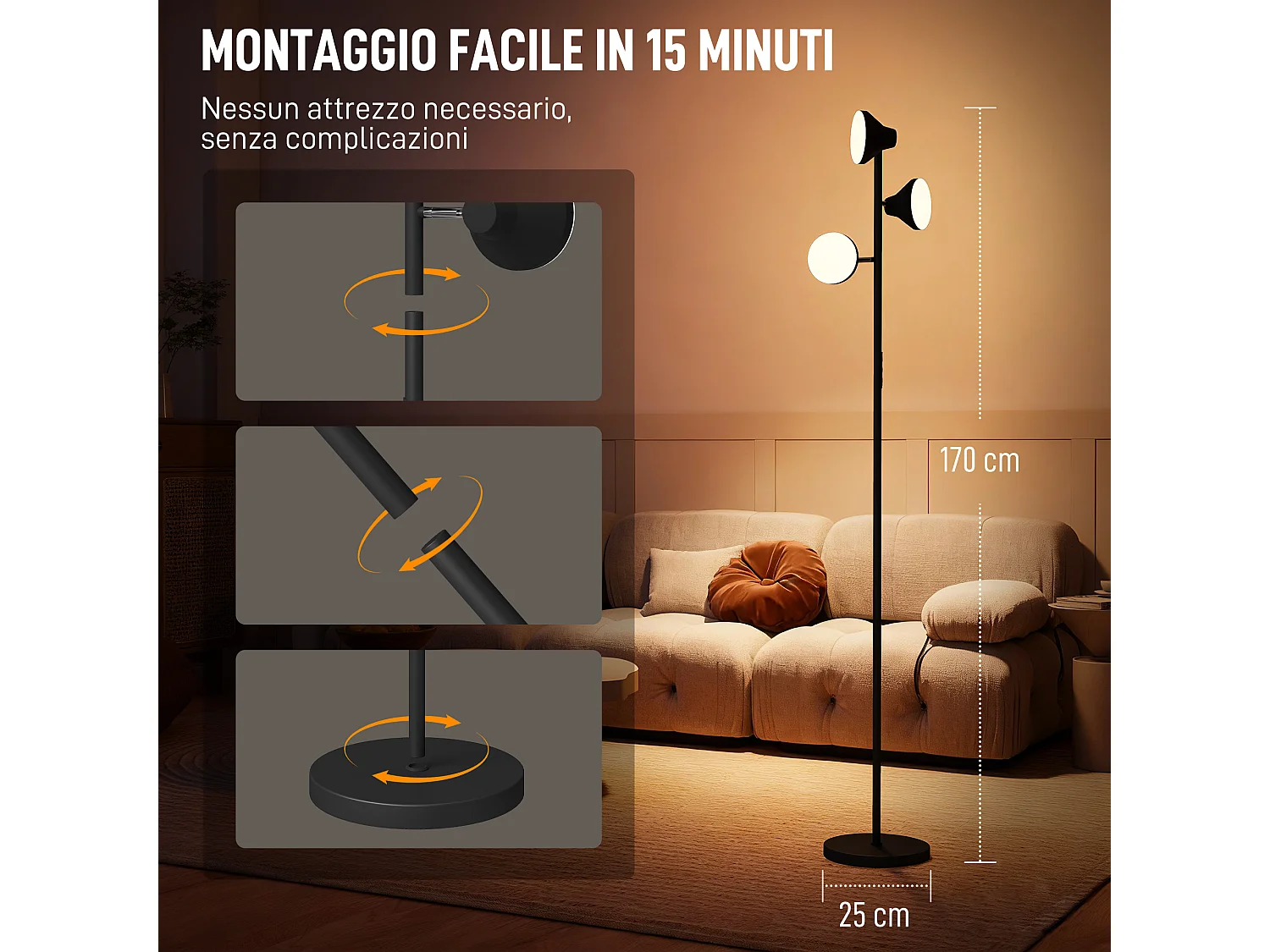 Lampada da terra con 3 teste regolabili indipendenti Ø25x170 cm nero