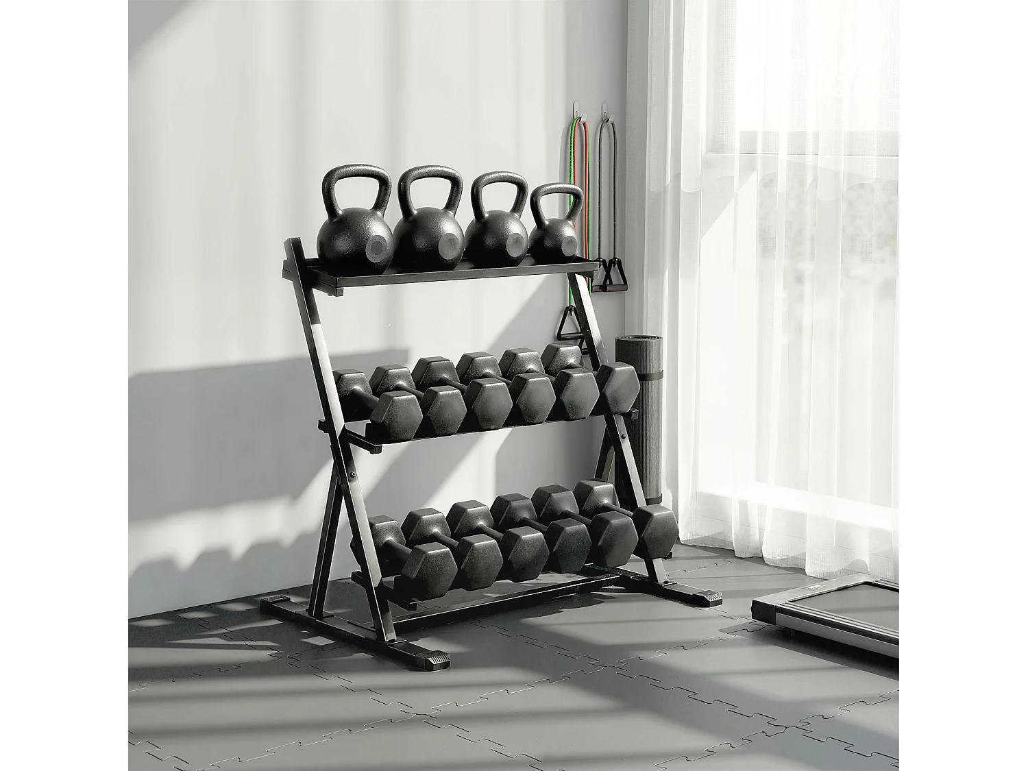 Porta pesi a 3 livelli sfalsati in acciaio 88x66x88 cm nero