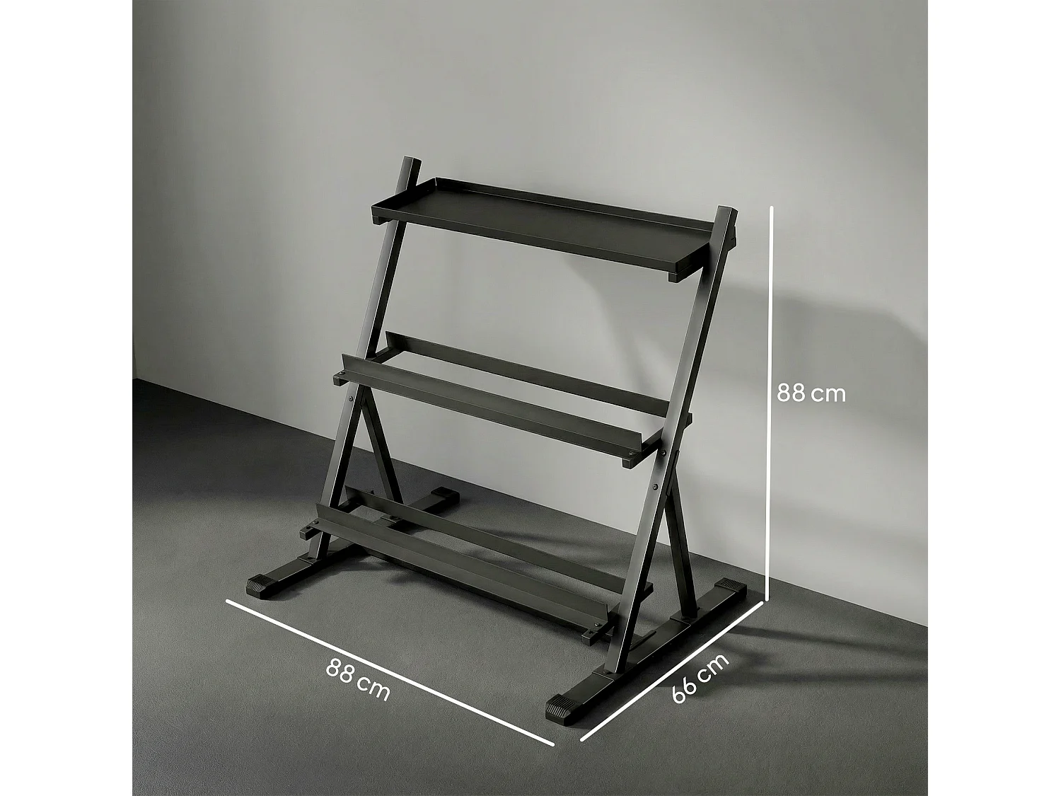 Porta pesi a 3 livelli sfalsati in acciaio 88x66x88 cm nero