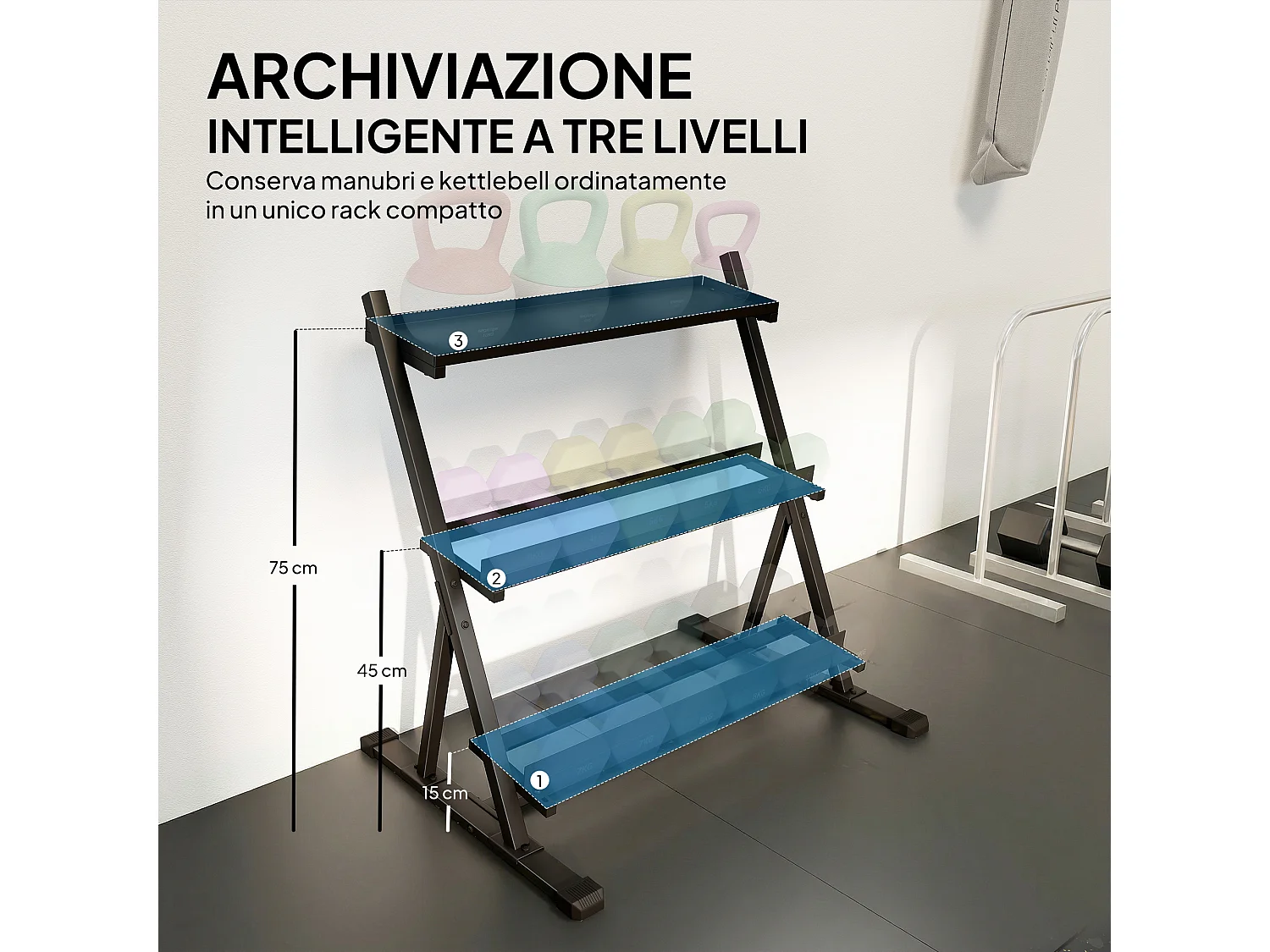Porta pesi a 3 livelli sfalsati in acciaio 88x66x88 cm nero