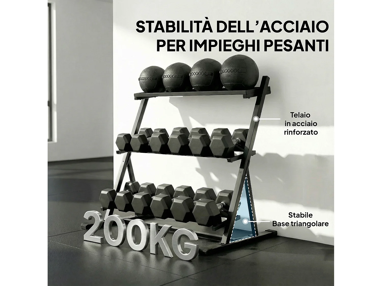 Porta pesi a 3 livelli sfalsati in acciaio 88x66x88 cm nero