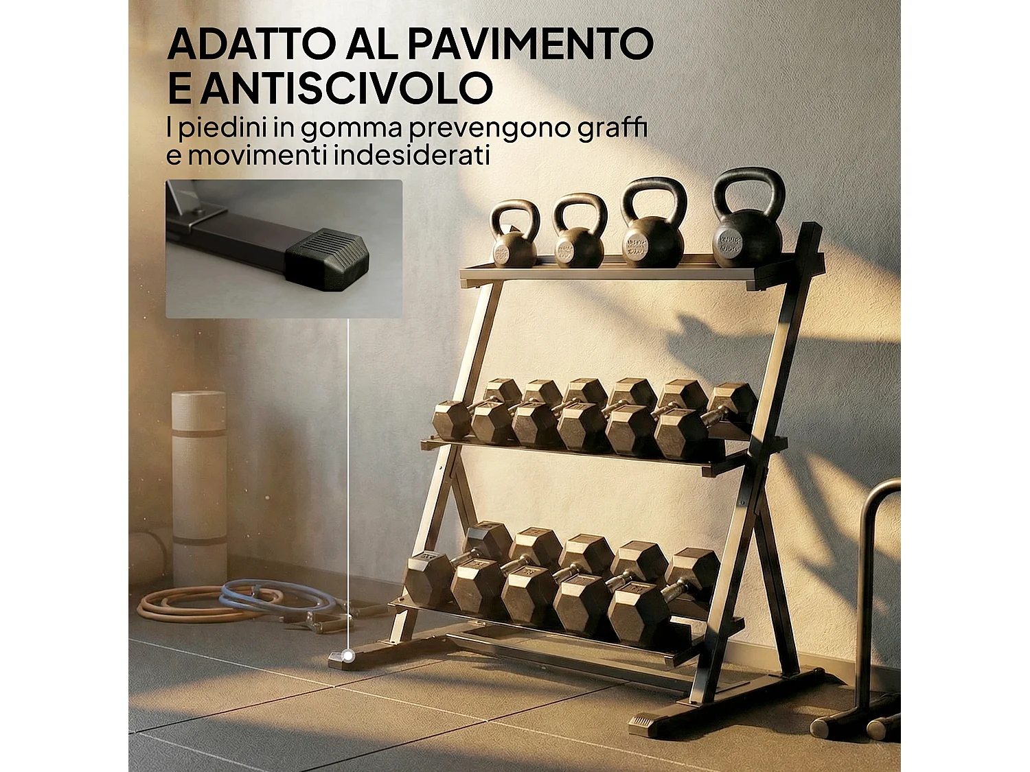 Porta pesi a 3 livelli sfalsati in acciaio 88x66x88 cm nero
