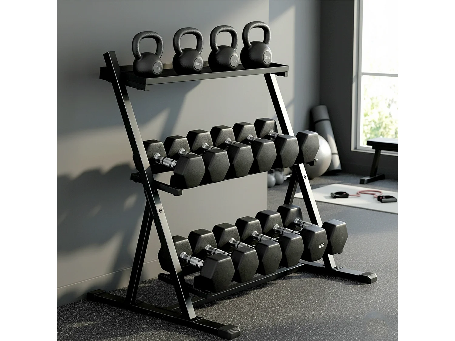 Porta pesi a 3 livelli sfalsati in acciaio 88x66x88 cm nero