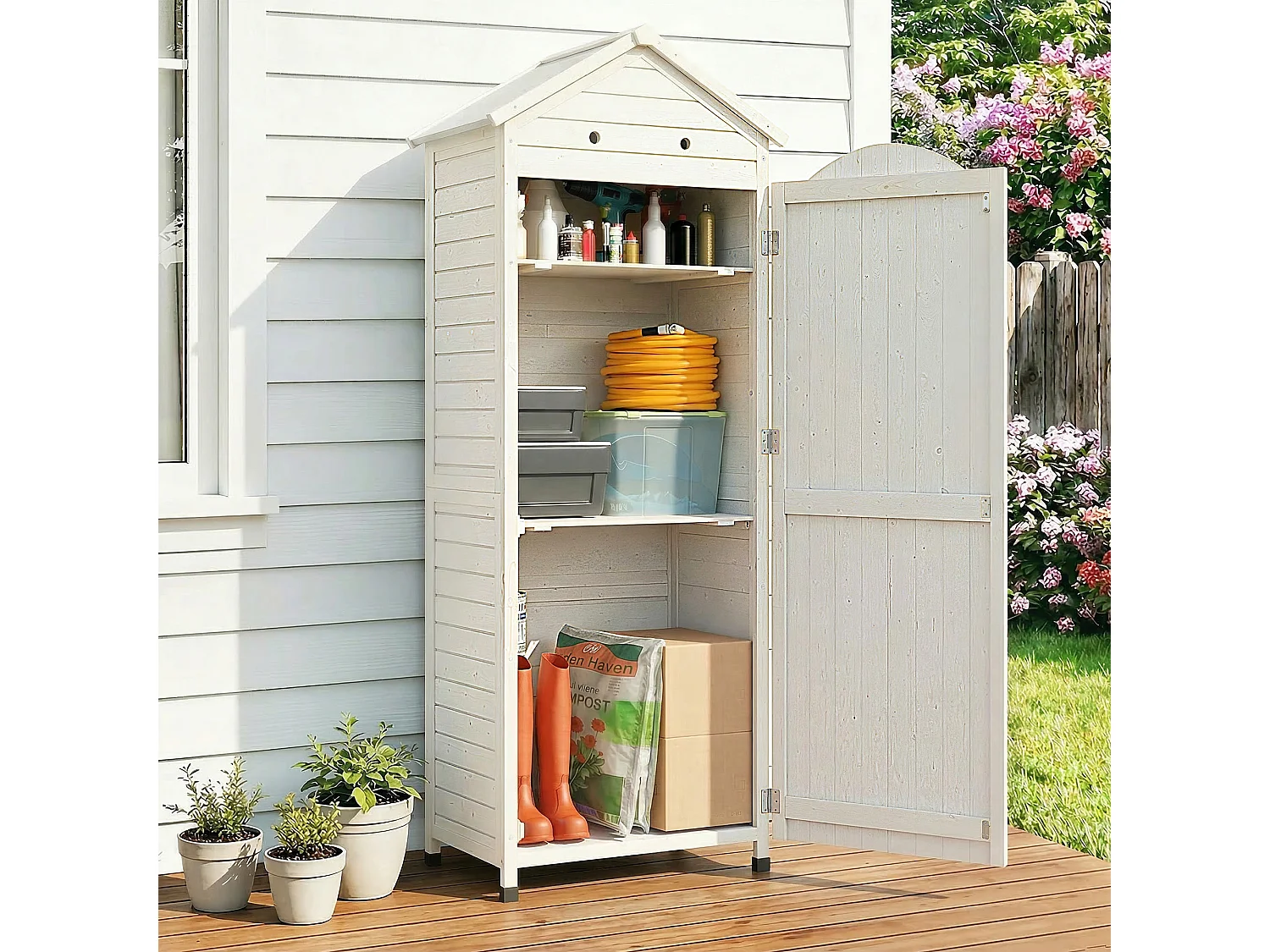 Casetta da giardino impermeabile con scaffali in legno bianco