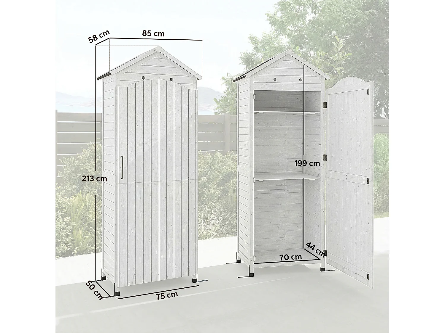 Casetta da giardino impermeabile con scaffali in legno bianco