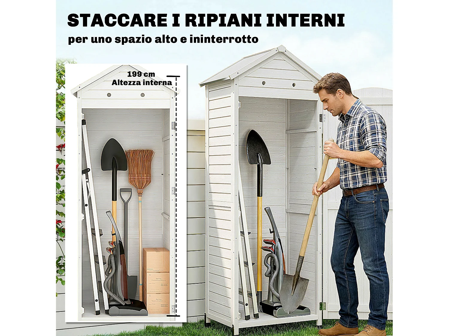 Casetta da giardino impermeabile con scaffali in legno bianco