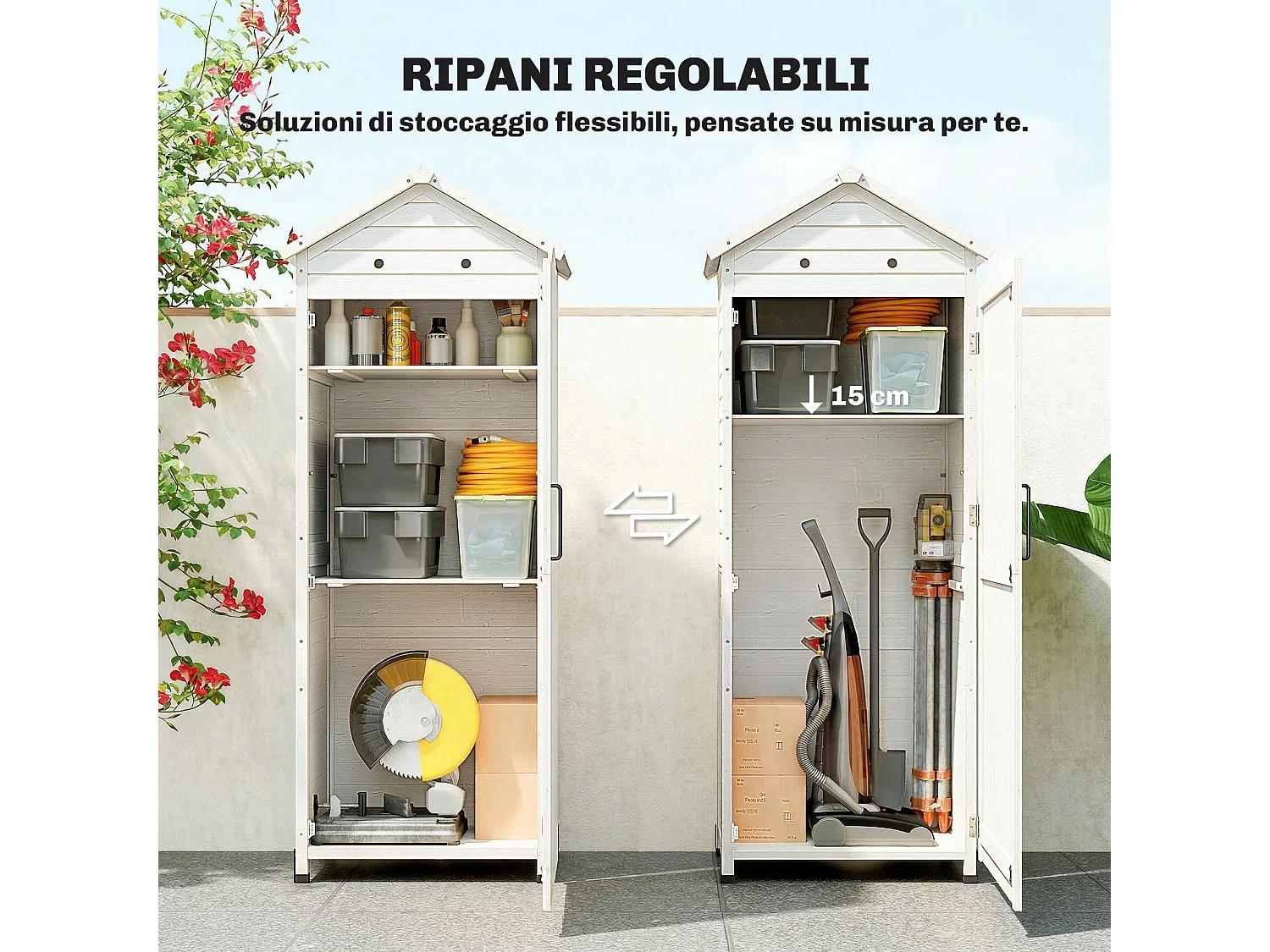 Casetta da giardino impermeabile con scaffali in legno bianco