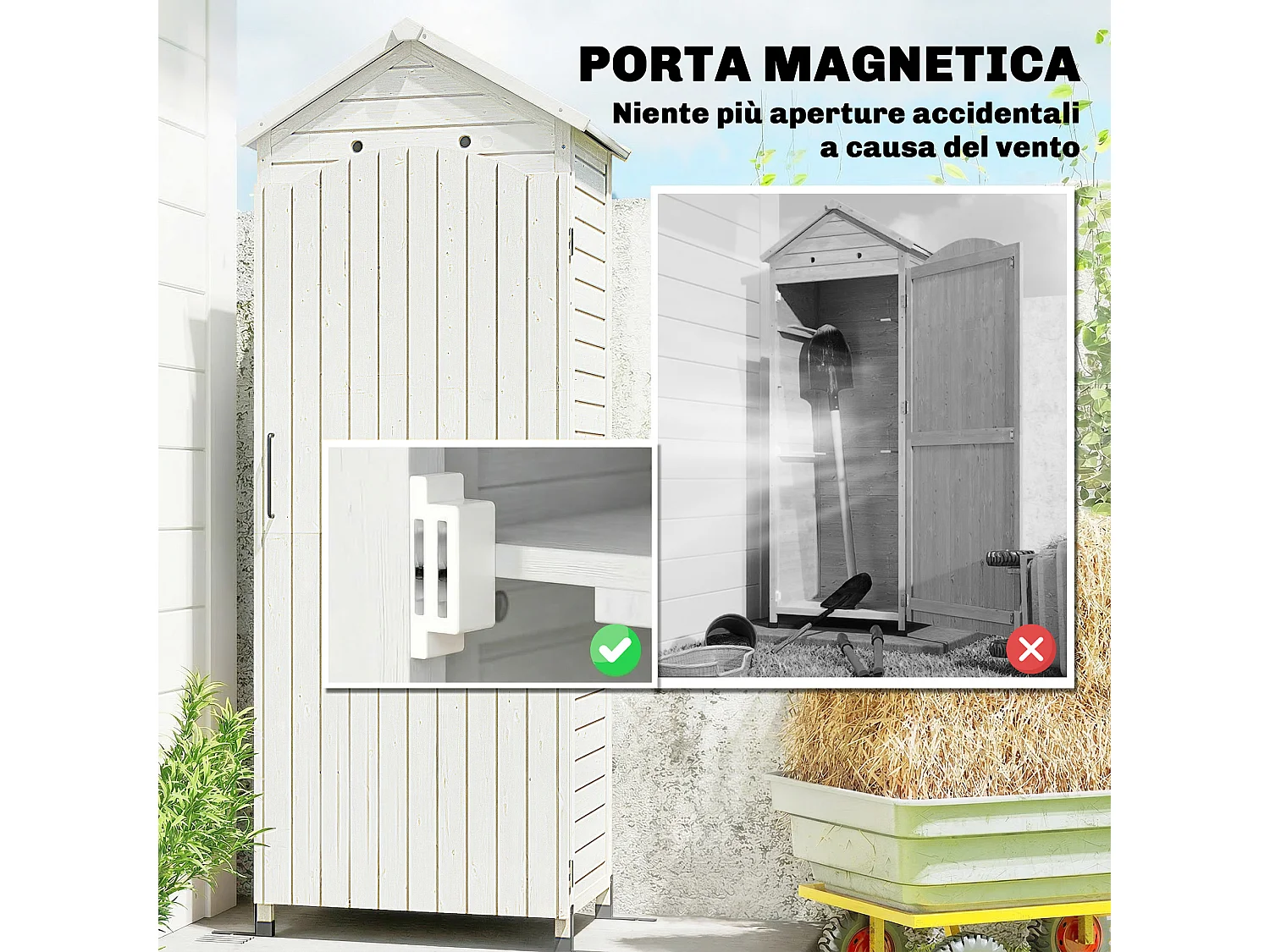 Casetta da giardino impermeabile con scaffali in legno bianco