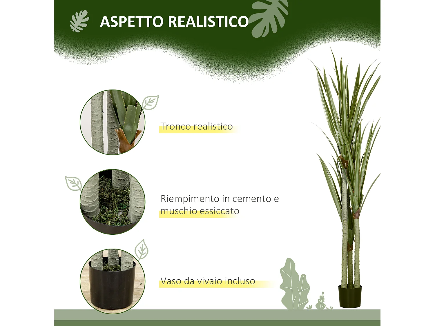 Pianta artificiale di yucca 190 cm in vaso contenitore in peva cemento