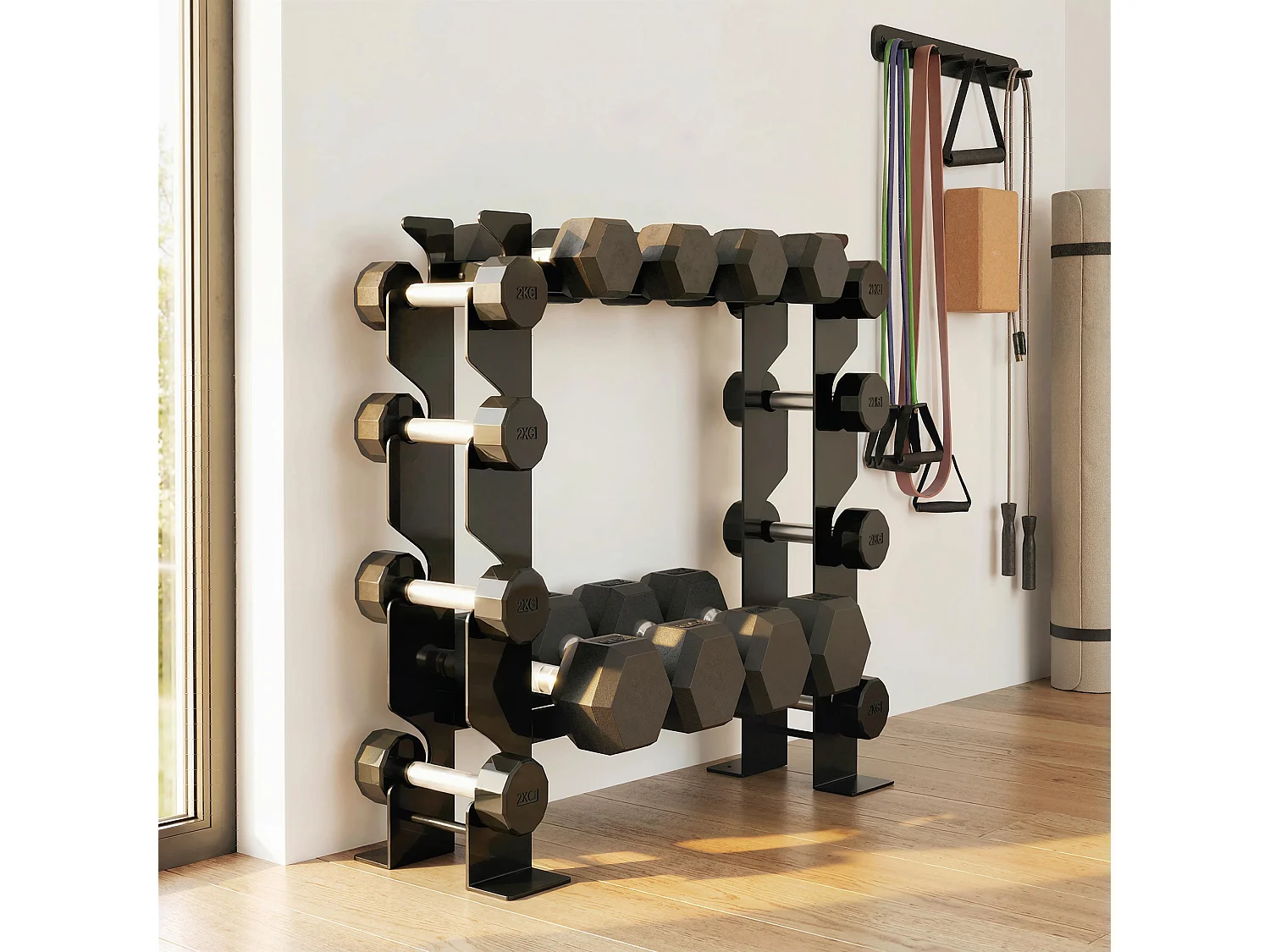 Porta manubri a 4 livelli in acciaio 70x21x55 cm nero