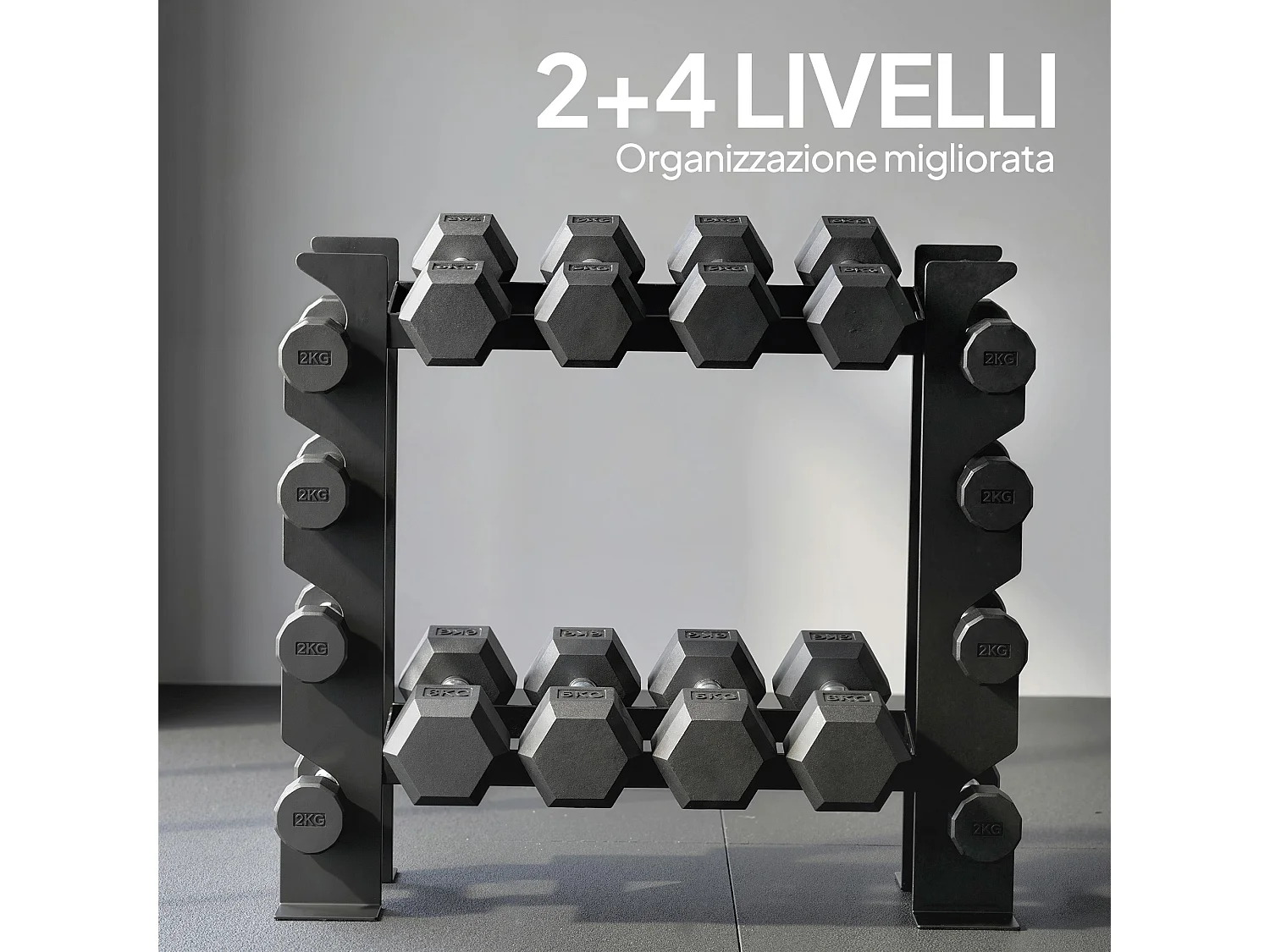 Porta manubri a 4 livelli in acciaio 70x21x55 cm nero