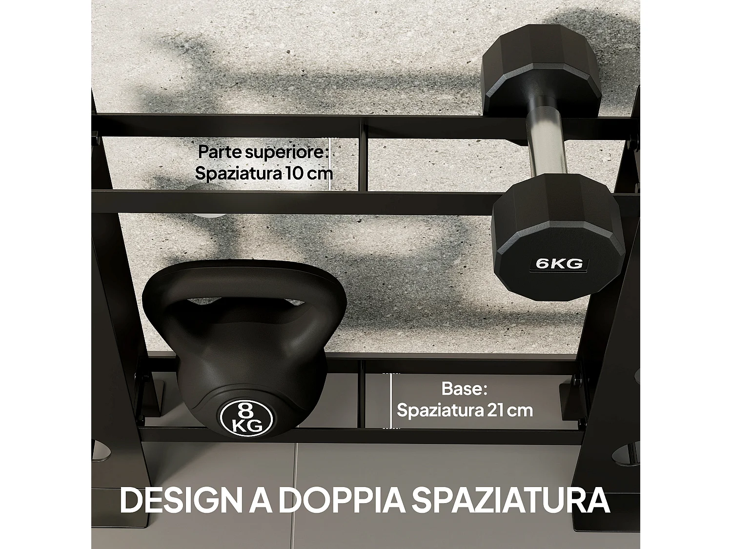 Porta manubri a 4 livelli in acciaio 70x21x55 cm nero