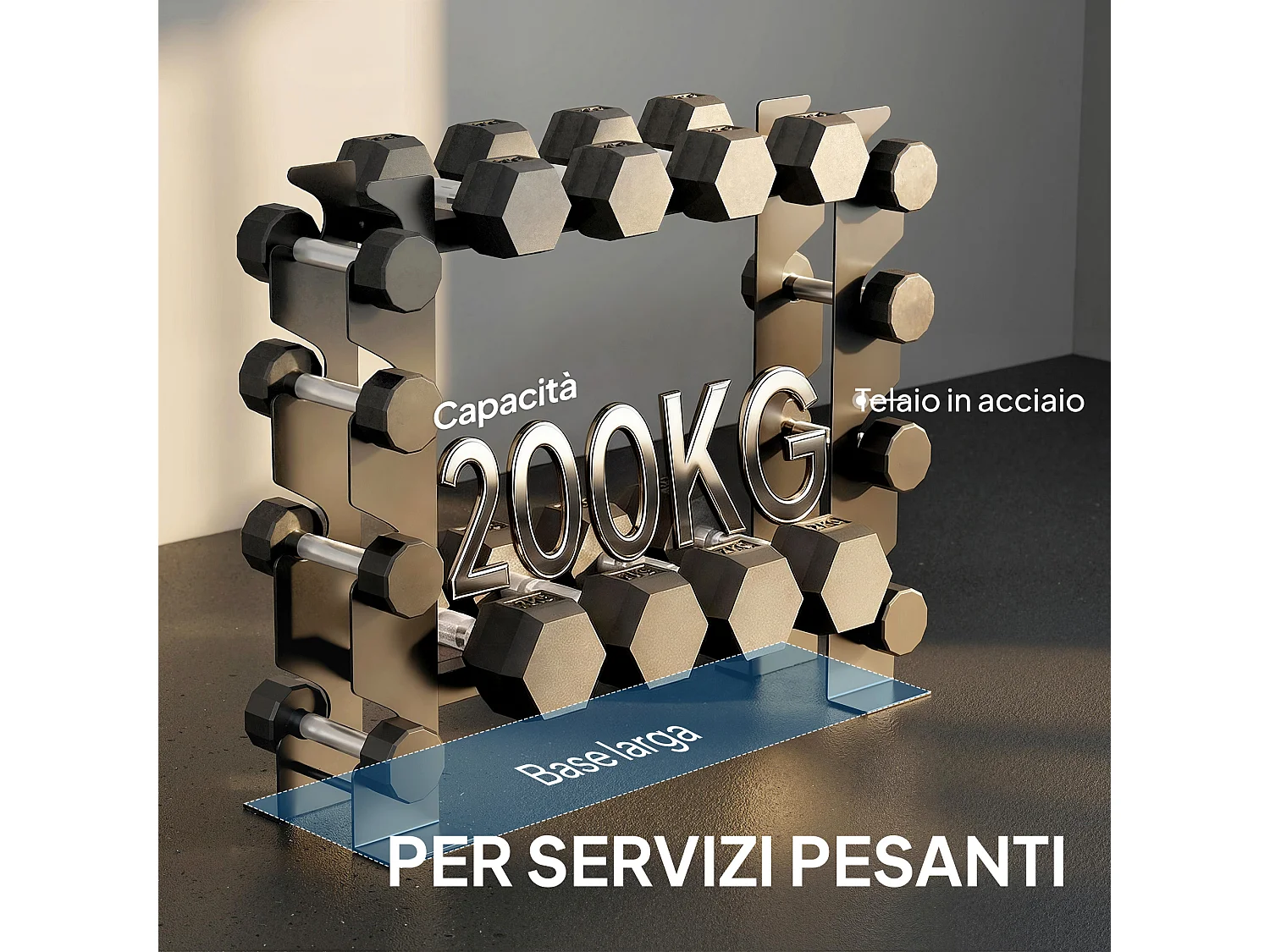 Porta manubri a 4 livelli in acciaio 70x21x55 cm nero
