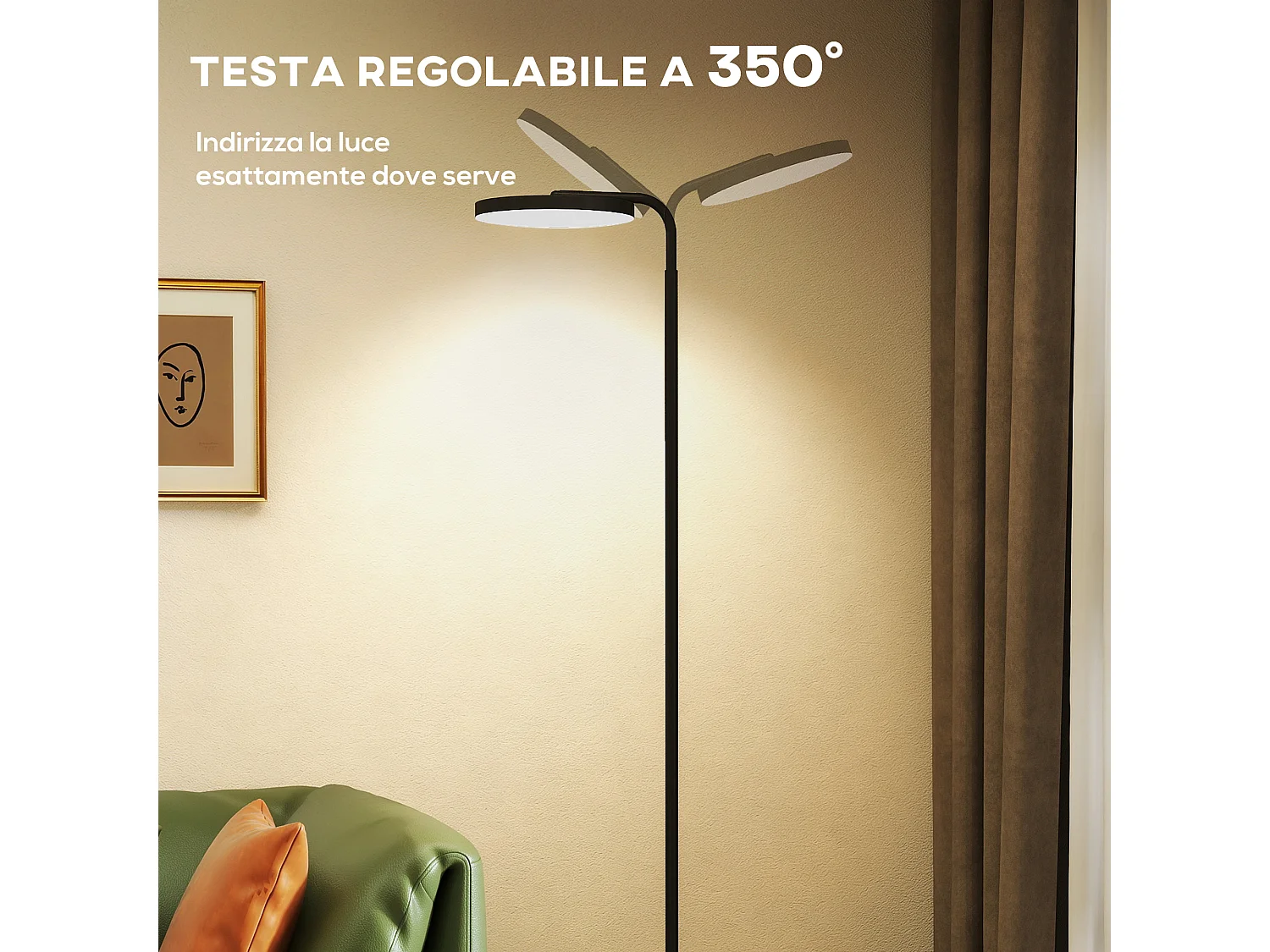 Lampada da terra regolabile con testa girevole e telecomando nero