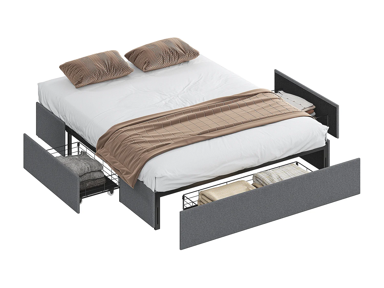 Struttura letto matrimoniale a doghe con 3 cassetti grigio
