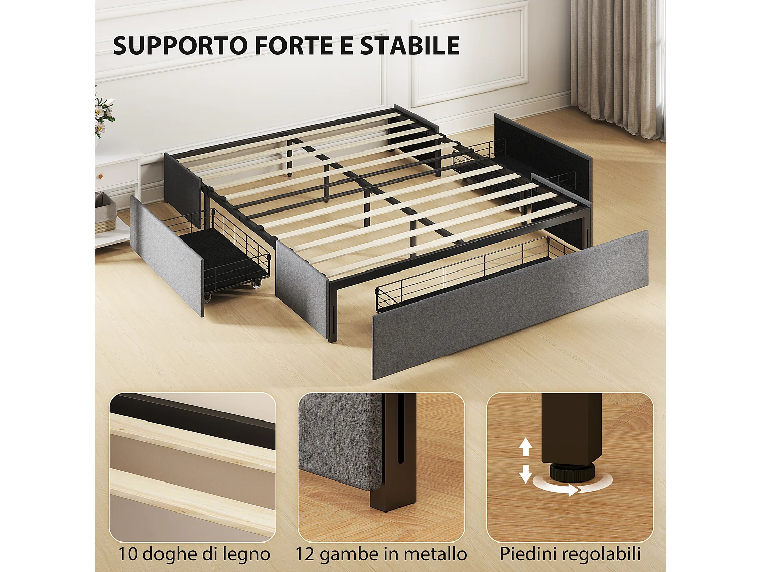 Struttura letto matrimoniale a doghe con 3 cassetti grigio