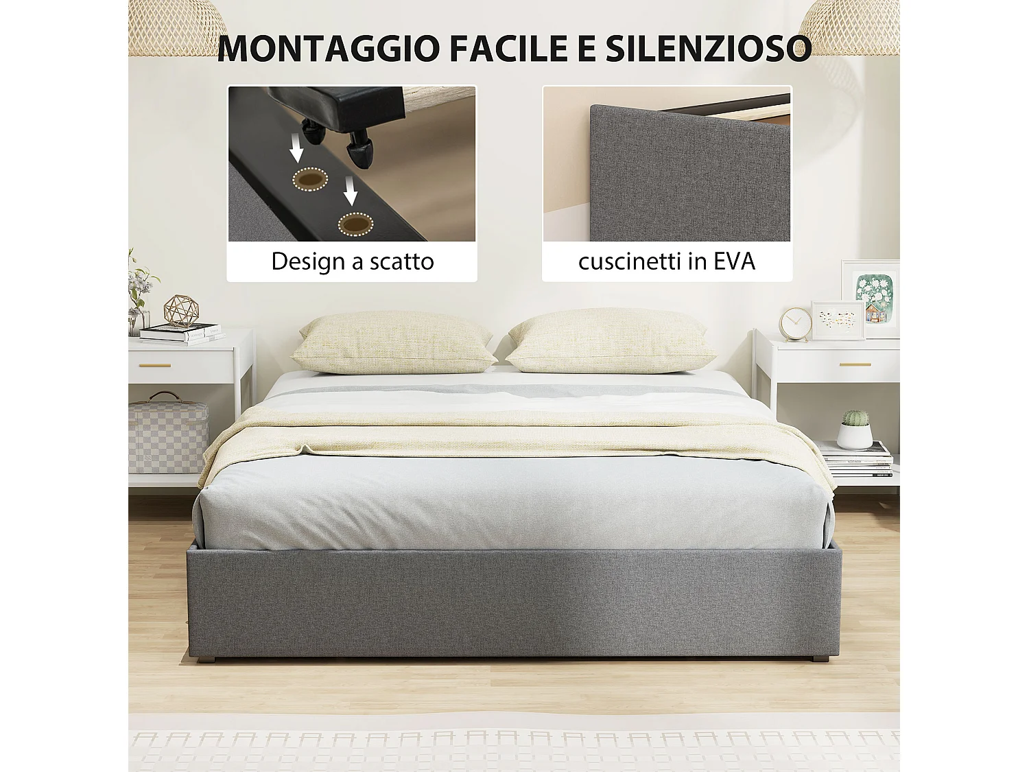 Struttura letto matrimoniale a doghe con 3 cassetti grigio