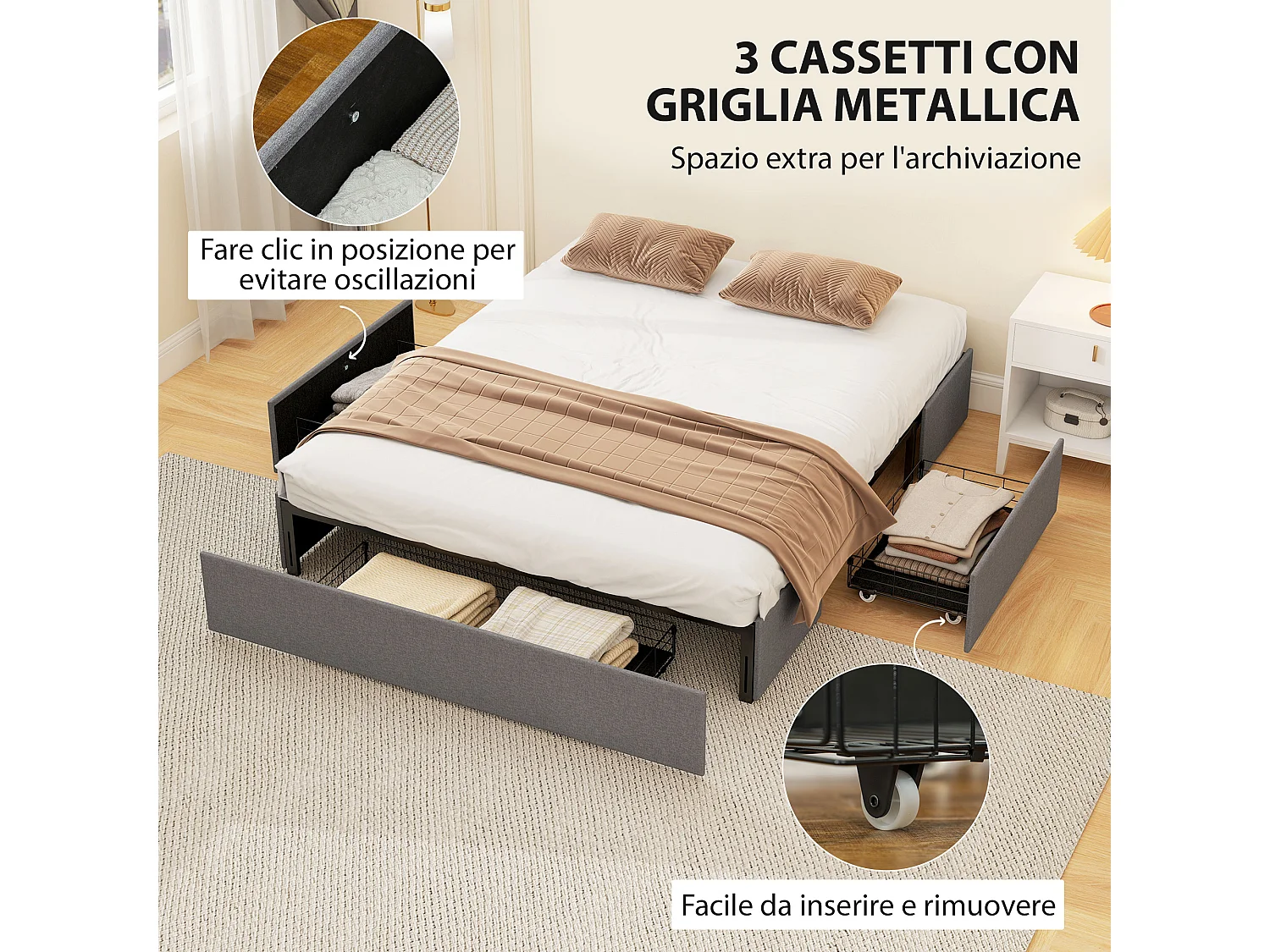 Struttura letto matrimoniale a doghe con 3 cassetti grigio