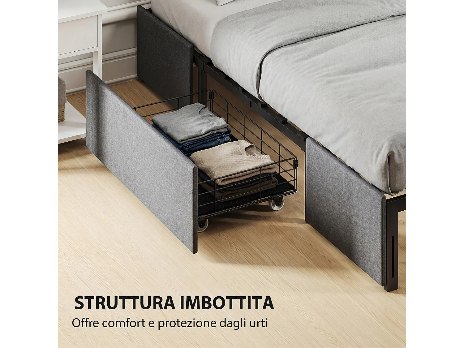 Struttura letto matrimoniale a doghe con 3 cassetti grigio